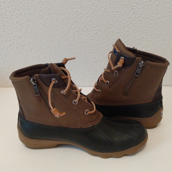 Sperry WO's  Tan Faux Leather Rubber Zip Lace Up Waterproof Ankle Boots sz 7.5 - Picture 10 of 13